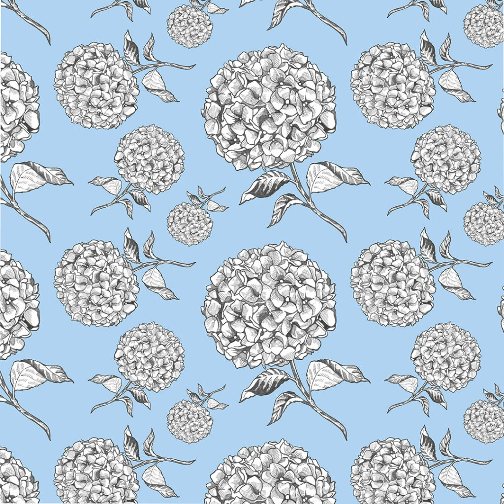 Hydrangea repeating pattern grey and cream on blue